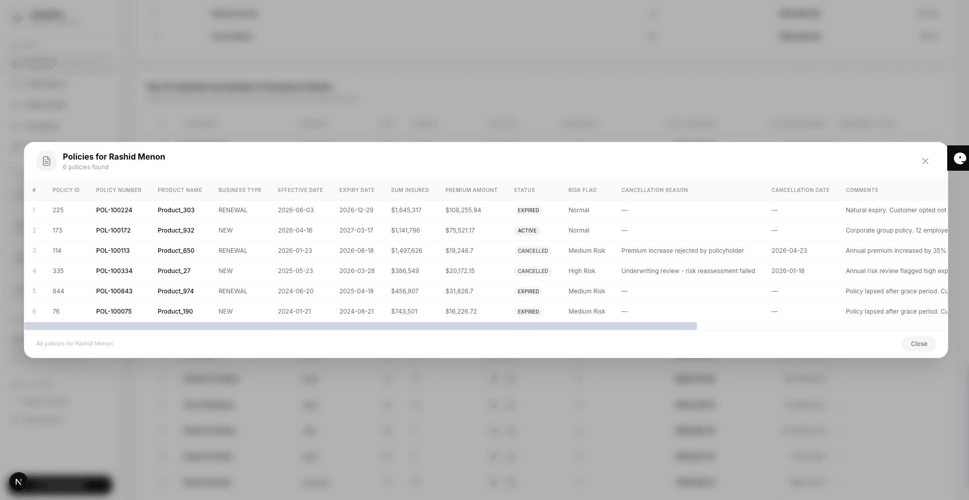 Policy Details Modal with Cancellation Reasons